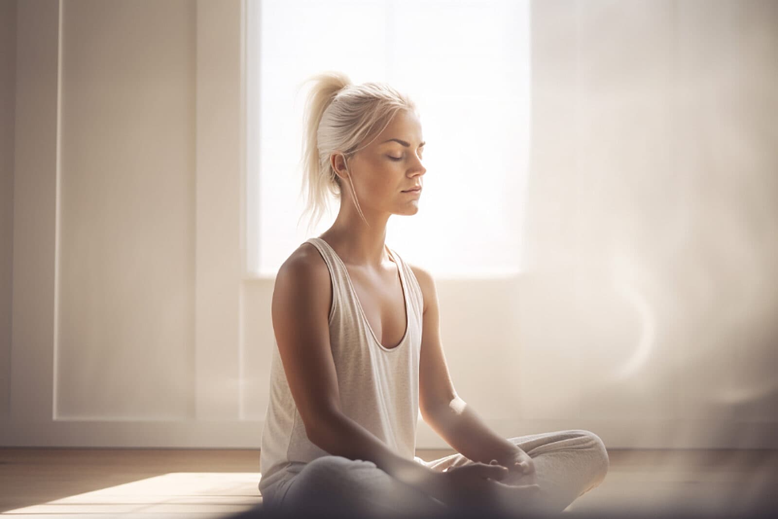 A woman sitting calmly with her eyes closed in soft window light