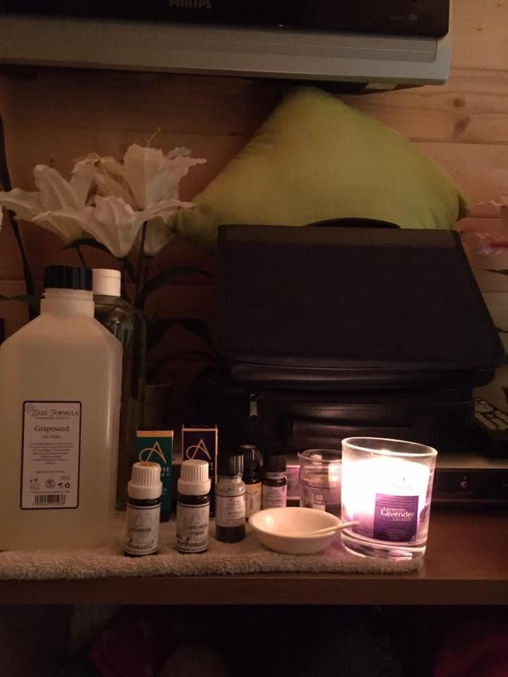 Essential oil bottles ready for blending at the Essential Massage studio