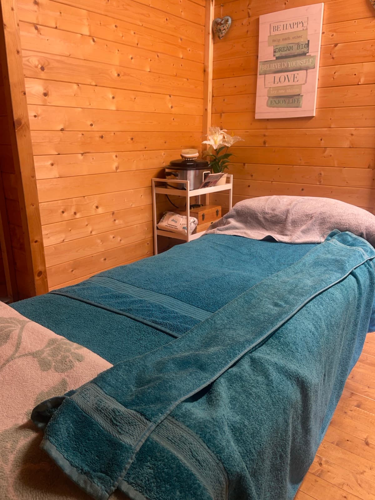 Treatment room inside the Essential Massage log cabin studio, Stoke-on-Trent
